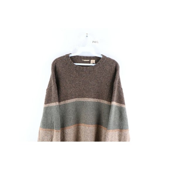 Vintage 90s Streetwear Large Striped Color Block Knit Crewneck Sweater Brown - Picture 2 of 7